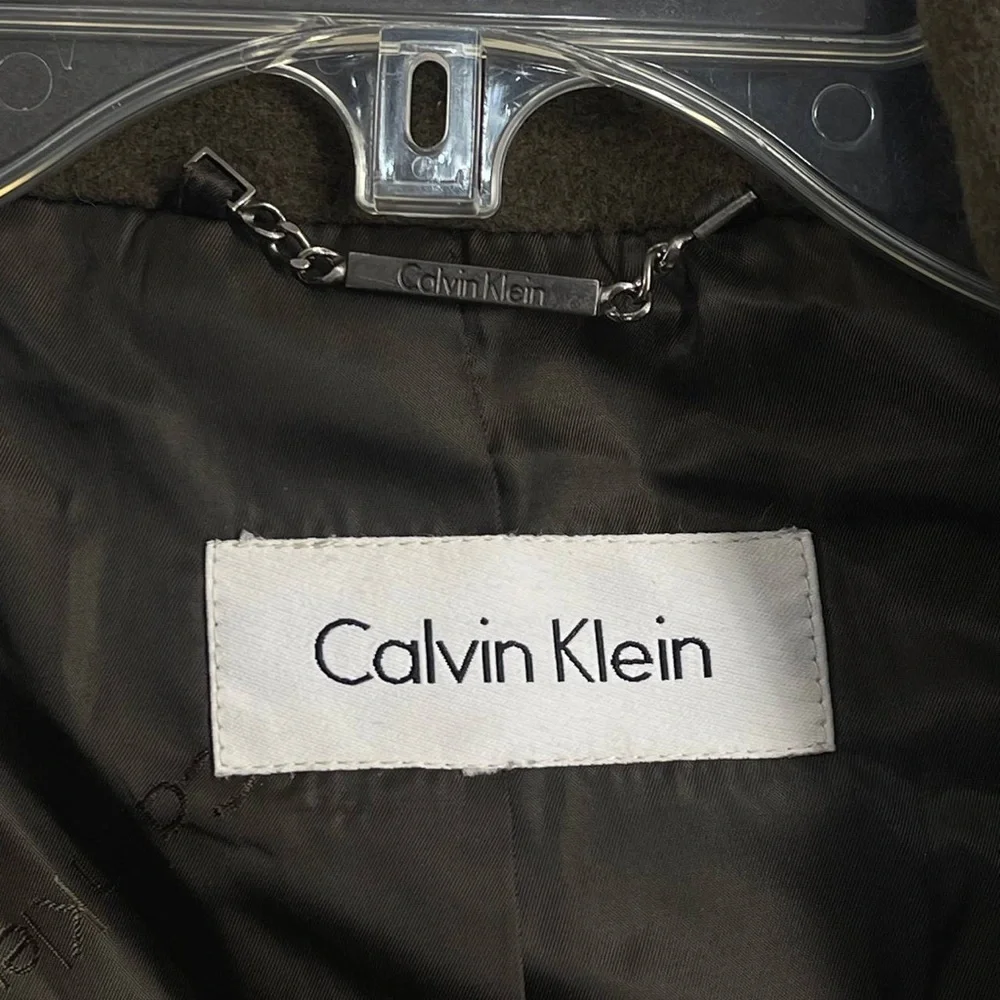 Calvin Klein Angora Wool Blend Trench Coat Olive Green Sz L Mob Wife Mock Neck‎